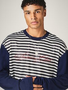 SUMWON Oversized Striped Long Sleeve Tee With Navy Contrast Sleeves And Chest Script Logo Print Crew Neck Casual Top - Blue and White - View 4