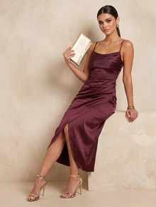QUIZ Burgundy Satin Cowl Neck Corset Midaxi Dress With Ruched Wrap Skirt And Front Split, Elegant Long Dress, Wedding Guest Dress Women, Prom Dress, Party Dress, Summer Dresses For Women, Vacation Outfits Women, Weekend Out Dress - Red - View 3