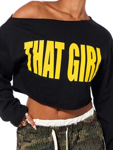 SUMWON WOMEN Oversized Crop Sweatshirt With Off Shoulder Neckline And Bold That Girl Graphic Print Front - Black - View 4