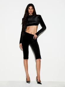 KIZN Velvet Cycling Shorts With Side Splits Low Rise Knee Length Stretch Biker Shorts Holiday Party Night Out Festive Season - Black - View 3