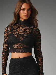 MISSGUIDED Floral Lace Crop Top With High Neck And Long Sleeves Sheer Scallop Hem Evening Party Valentine Date Night - Black - View 5