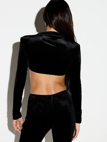 KIZN Velvet Shimmer Crop Top With Boat Neck Long Sleeves Structured Shoulders And Open Back Cut-Out Party Night Out - Black - View 2