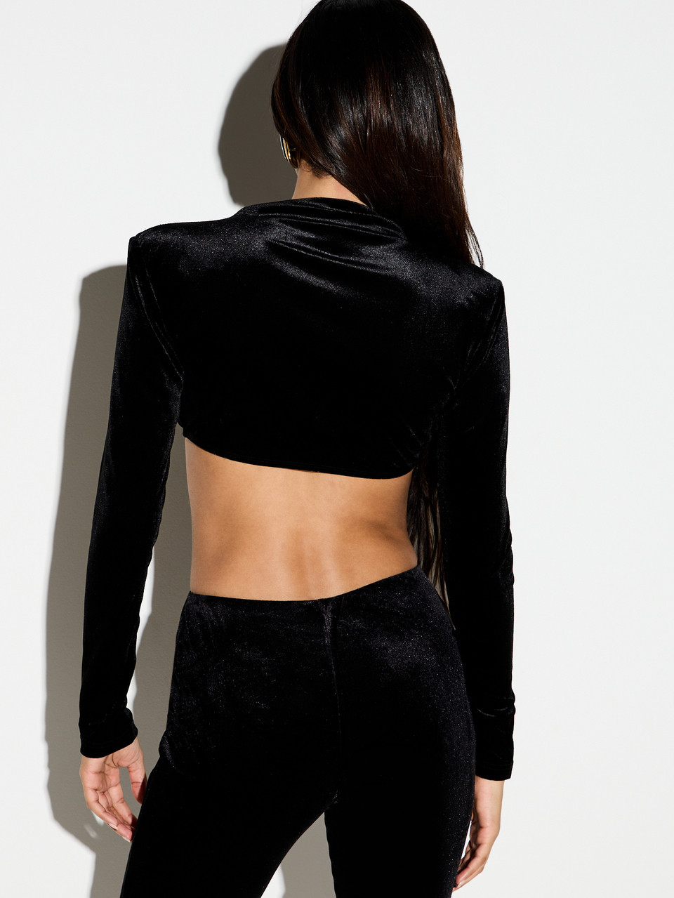 KIZN Velvet Crop Top With Boat Neck And Open Back