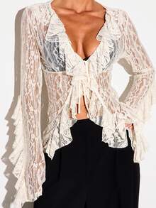 KIZN Sheer Lace Ruffle Front Tie Top With Bell Sleeves And Deep V Neckline For Date Night And Holiday Party - Cream - View 2