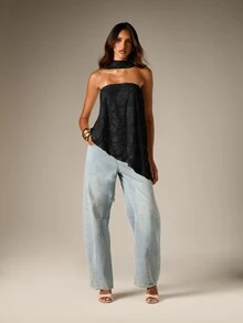 AiiRZ Strapless Halter Neck Jacquard Top With Asymmetric Handkerchief Hem And Open Back Scarf Detail - Black - View 4