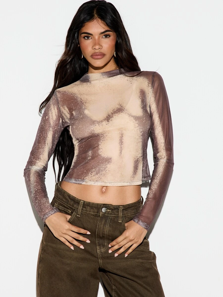 KIZN Crop Top Lengan Panjang Jala Transparan dengan Motif Abstrak Cat Air, Kerah Tinggi, Siluet Pas Badan, Gaya Pesta Festival - MultiWarna - View 1