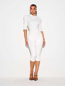 KIZN V-Neck Padded Shoulder Ruched Wrap Top With Elbow Sleeves And Asymmetric Hem For Spring Party Night Out - White - View 4
