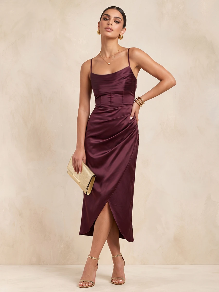 QUIZ Burgundy Satin Cowl Neck Corset Midaxi Dress With Ruched Wrap Skirt And Front Split, Elegant Long Dress, Wedding Guest Dress Women, Prom Dress, Party Dress, Summer Dresses For Women, Vacation Outfits Women, Weekend Out Dress - Red - View 1