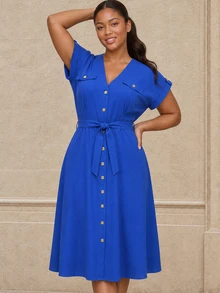 ELLERISSA Plus Size Royal Blue V Neck Cap Sleeve Button Front Belted A Line Midi Dress - Royal Blue - View 5