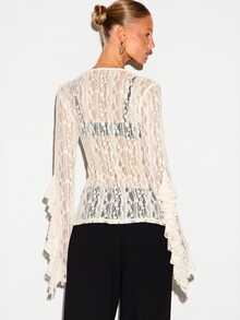 KIZN Sheer Lace Ruffle Front Tie Top With Bell Sleeves And Deep V Neckline For Date Night And Holiday Party - Cream - View 3