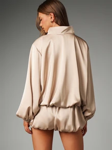 MISSGUIDED Satin Half-Zip Oversized Pullover Top With Stand Collar And Elasticated Cuffs Bubble Hem Luxe Loungewear Party - Beige - View 3
