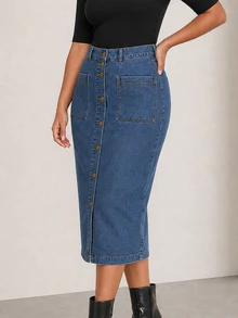 ELLERISSA Plus Size Dark Wash High Waist Button Front Denim Pencil Midi Skirt - Dark Wash - View 3