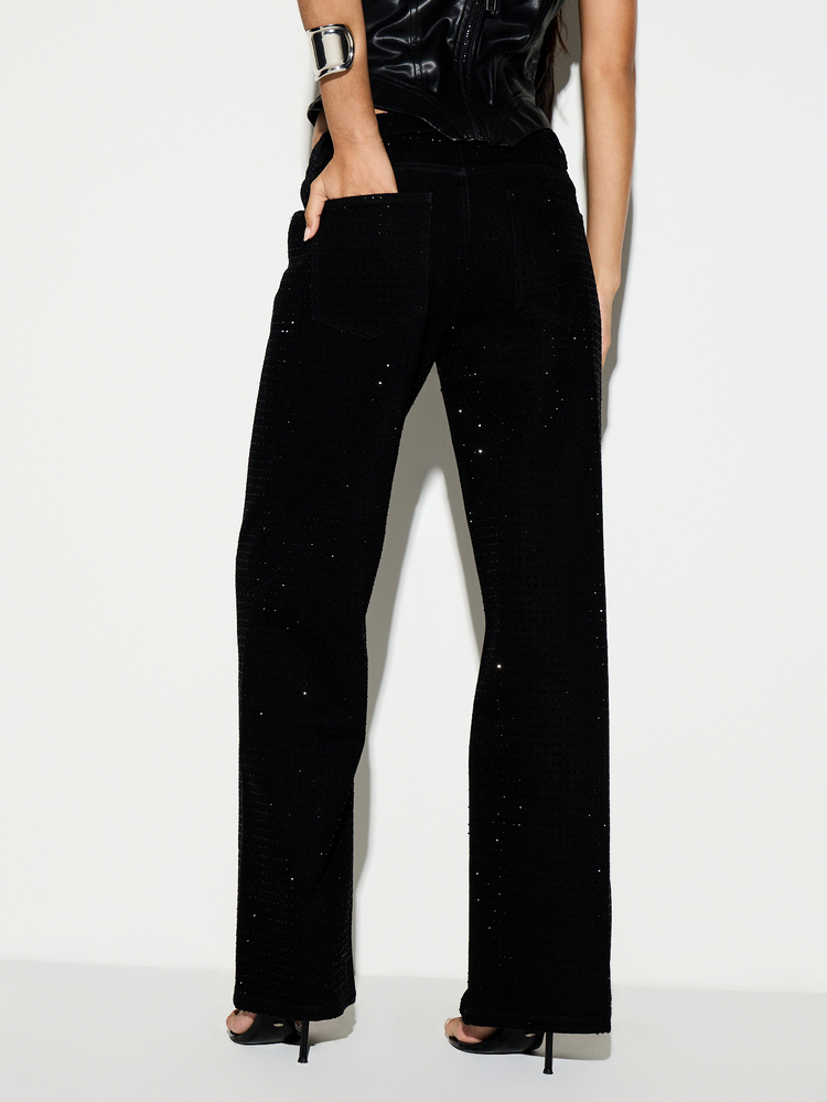 KIZN Wide Leg Rhinestone Embellished Pull-On Pants With Patch Pockets Party Night Out Holiday Season Festive Glam - Black - View 2