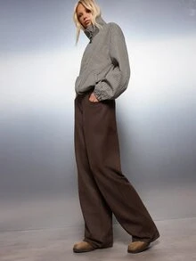 MISSGUIDED Celana Panjang Model Lebar Pinggang Tinggi Bahan Campuran Wol dengan Saku Tempel, Celana Panjang Pas Badan, Cocok untuk Musim Gugur dan Musim Dingin, Warna Cokelat Tua - Coffee Brown - View 3