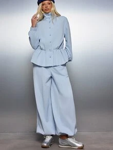 MISSGUIDED Oversized High Neck Button-Up Shirt And Wide Leg Elastic Ankle Co-Ord Set With Ruched Waist Peplum Detail - Baby Blue - View 3