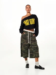 SUMWON WOMEN Oversized Crop Sweatshirt With Off Shoulder Neckline And Bold That Girl Graphic Print Front - Black - View 5