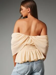MISSGUIDED Cold Shoulder Chiffon Draped Blouse With Smocked Waist And Peplum Ruffle Hem Summer Party Top - Apricot - View 2