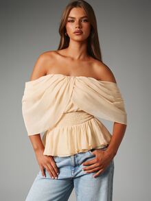 MISSGUIDED Cold Shoulder Chiffon Draped Blouse With Smocked Waist And Peplum Ruffle Hem Summer Party Top - Apricot - View 4