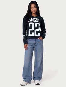 MISSGUIDED TEEN Navy Long Sleeve Graphic Top With ANGEL 22 Varsity Print Crew Neck Fitted Casual Everyday Top - Navy Blue - View 3