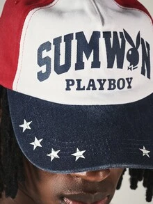 PLAYBOY X SUMWON Collab Color Block Snapback Cap With Star Print Brim And Bunny Logo Americana Style Hat - Red and navy blue - View 4