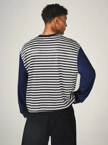 SUMWON Oversized Striped Long Sleeve Tee With Navy Contrast Sleeves And Chest Script Logo Print Crew Neck Casual Top - Blue and White - View 2