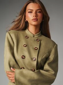 MISSGUIDED Double Breasted Military Jacket With Stand Collar Tortoiseshell Buttons Fitted Suede Texture Hip Length Autumn Winter Outwear - Army Green - View 2