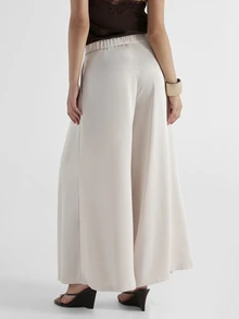 KSTM High Rise Pleated Palazzo Trousers With Satin Finish Wide Leg Full Length Dress Pants With Side Pockets Elegant Summer Evening Style - Apricot - View 4