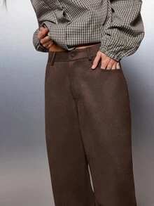 MISSGUIDED Celana Panjang Model Lebar Pinggang Tinggi Bahan Campuran Wol dengan Saku Tempel, Celana Panjang Pas Badan, Cocok untuk Musim Gugur dan Musim Dingin, Warna Cokelat Tua - Coffee Brown - View 4