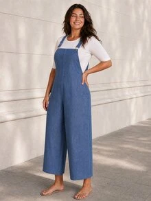 ELLERISSA Plus Size Blue Denim Look Adjustable Strap Wide Leg Pocket Dungaree Jumpsuit - Blue - View 4