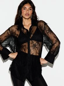 KIZN Floral Lace See-Through Oversized Button-Down Collared Shirt With Long Sleeves And High-Low Hem Sheer Overlay Top - Black - View 6
