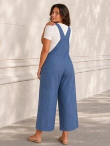 ELLERISSA Plus Size Blue Denim Look Adjustable Strap Wide Leg Pocket Dungaree Jumpsuit - Blue - View 2