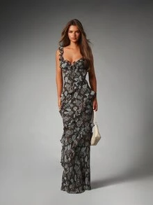 MISSGUIDED Paisley Print Chiffon Maxi Dress With Ruffle Trim Plunge Neckline Open Back Tie Detail Mermaid Silhouette Evening Gown - Coffee - View 1