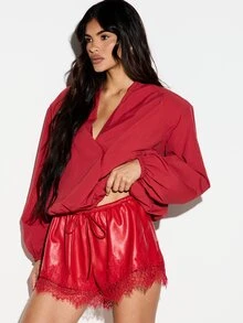 KIZN Faux Leather Mini Shorts With Lace Trim Hem Elastic Drawstring Waist Flowy Silhouette Valentine Party Summer Festival - Red - View 3