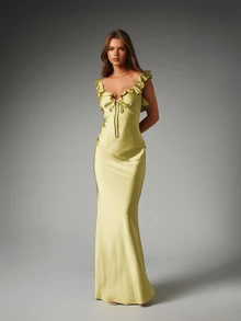 MISSGUIDED Satin Ruffle Neckline Maxi Dress Mermaid Silhouette Open Back Tie Detail Cap Sleeve Formal Evening Gown Bridesmaid Wedding Guest - Olive Green - View 1