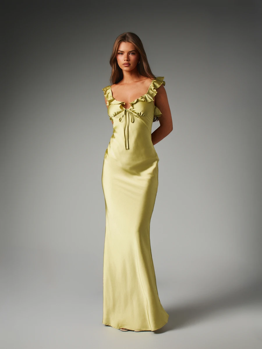 MISSGUIDED Satin Ruffle Neckline Maxi Dress Mermaid Silhouette Open Back Tie Detail Cap Sleeve Formal Evening Gown Bridesmaid Wedding Guest - Olive Green - View 1