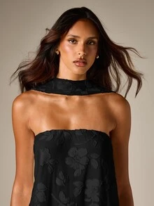 AiiRZ Strapless Halter Neck Jacquard Top With Asymmetric Handkerchief Hem And Open Back Scarf Detail - Black - View 5