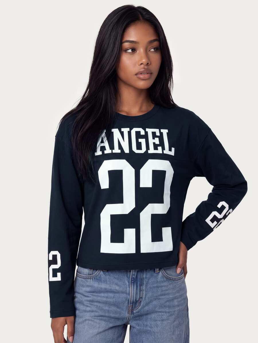 MISSGUIDED TEEN Navy Long Sleeve Graphic Top With ANGEL 22 Varsity Print Crew Neck Fitted Casual Everyday Top - Navy Blue - View 1