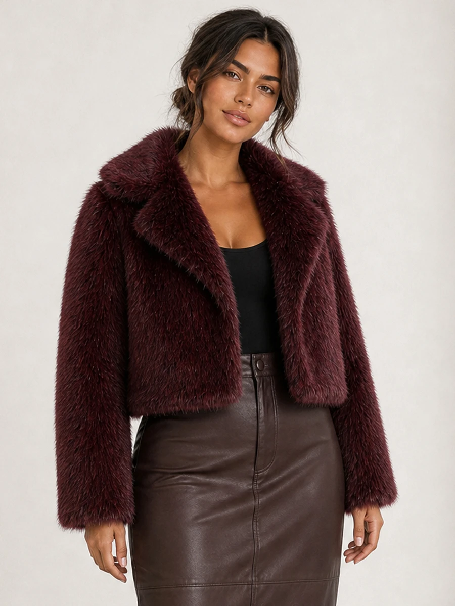 ELLERISSA Plus Size Burgundy Notched Collar Long Sleeve Cropped Faux Fur Coat - Burgundy - View 1
