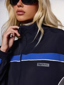 MISSGUIDED 配色拼接防風夾克，立領設計，對比色滾邊，彈性袖口，全開襟拉鍊，復古運動風 - 藍色 - 查看 2