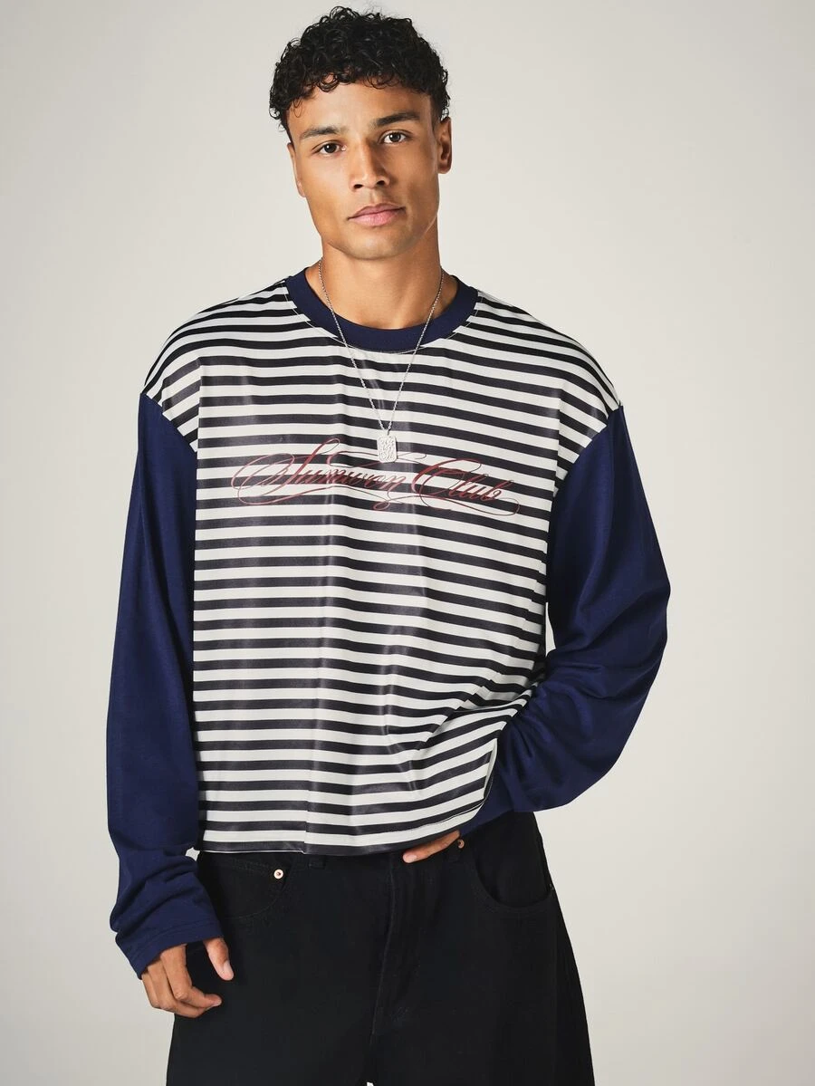 SUMWON Oversized Striped Long Sleeve Tee With Navy Contrast Sleeves And Chest Script Logo Print Crew Neck Casual Top - Blue and White - View 1