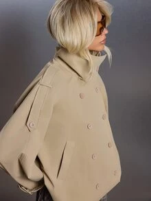 MISSGUIDED Jaket Militer Double-Breasted Ukuran Besar dengan Kerah Tegak, Detail Epaulette, Saku Tempel, dan Hem Elastis untuk Musim Gugur dan Musim Dingin - Unta - View 5