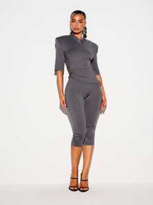 KIZN Structured Shoulder V-Neck Ruched Waist Crop Top With Elbow Length Sleeves - Perfect For Holiday Parties And Evening Occasions - Grey - View 4