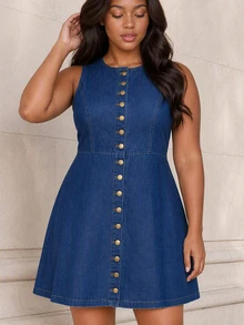 ELLERISSA Plus Size Medium Wash Round Neck Sleeveless Button Front Denim Shift Mini Dress - Medium Wash - View 6