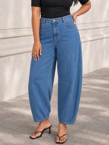 ELLERISSA Plus Size Medium Wash High Waist Slim Barrel Leg Jeans - Medium Wash - View 1