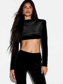 KIZN Velvet Shimmer Crop Top With Boat Neck Long Sleeves Structured Shoulders And Open Back Cut-Out Party Night Out - Black - View 1