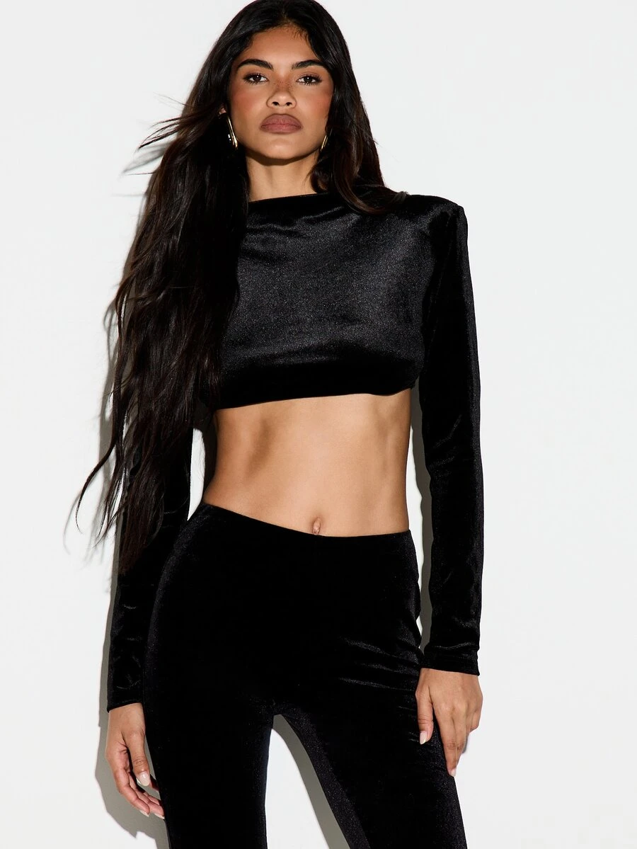 KIZN Velvet Shimmer Crop Top With Boat Neck Long Sleeves Structured Shoulders And Open Back Cut-Out Party Night Out - Black - View 1