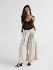 KSTM High Rise Pleated Palazzo Trousers With Satin Finish Wide Leg Full Length Dress Pants With Side Pockets Elegant Summer Evening Style - Apricot - View 5