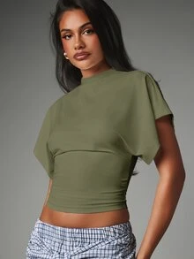 MISSGUIDED Mock Neck Crop Top With Flutter Sleeves And Ruched Waist Detail - Fitted Cropped Tee For Summer And Spring - Army Green - View 4