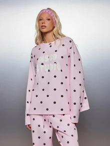 MISSGUIDED Wardrobe Essentials Oversized Polka Dot Sweatshirt Crew Neck Long Sleeve Bubble Logo Print Casual Loungewear Top - Multicolor - View 4