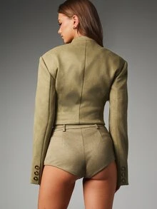 MISSGUIDED Celana Pendek Mini Bahan Suede Imitasi Pinggang Tinggi Pas Badan dengan Lubang Sabuk dan Saku Samping Gaya Pesta Musim Panas untuk Festival - Hijau - View 3